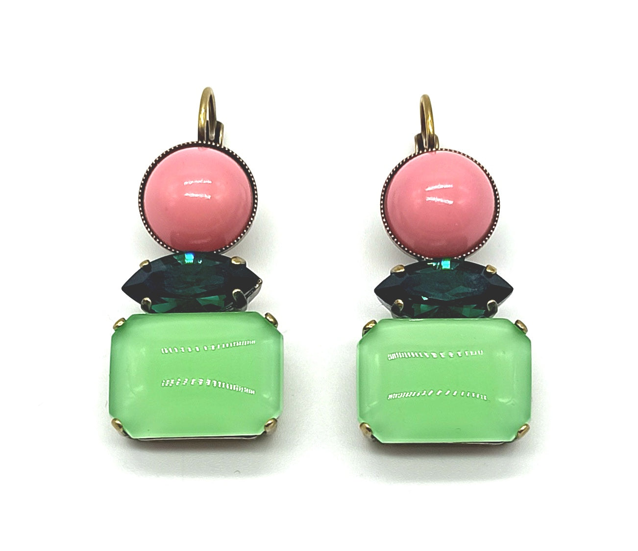 Triple earrings / pink and green