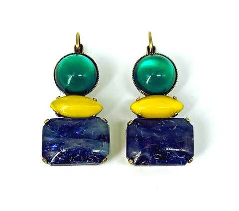 Triple earrings green, yellow and ultramarine