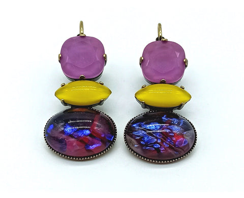 Triple earrings / purple and yellow