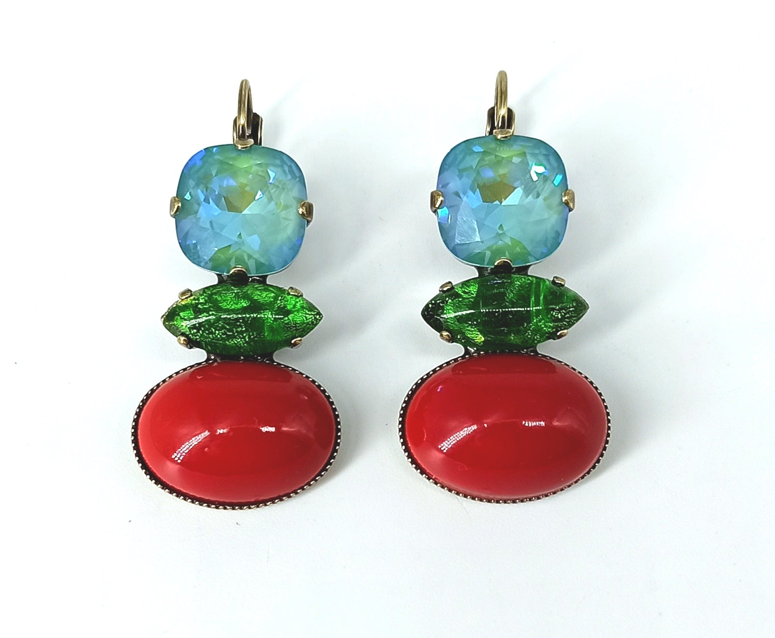 Triple earrings / red green and transparent blue