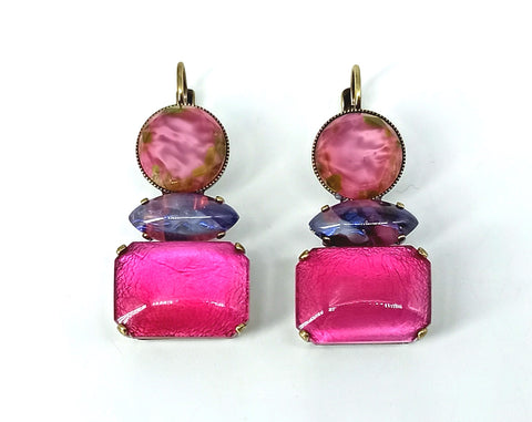 Triple earrings / fuchsia and purple