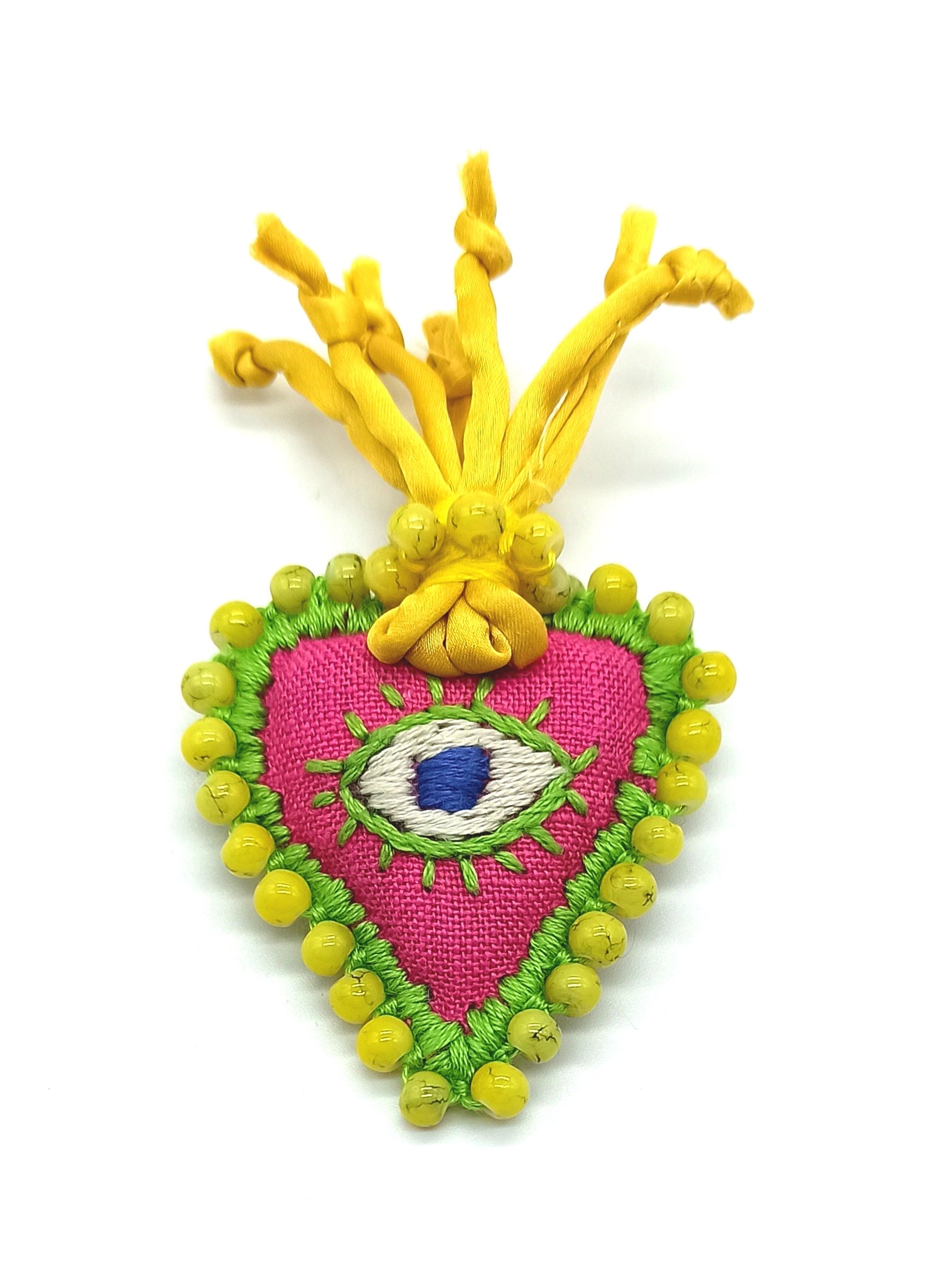 Heart brooch / yellow and pink